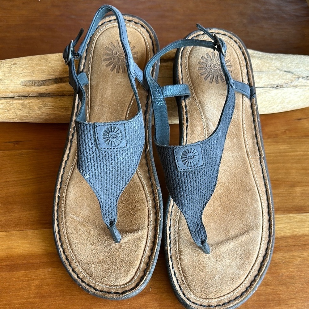 UGG Sefina gray/black leather comfort thong/slingback sandal. Size 10